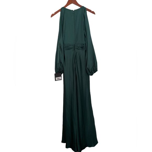 Mac Duggal Gown 55397 Emerald Green Plunge Neck Long Sleeve Satin Sheath 4 NWT - Picture 4 of 7